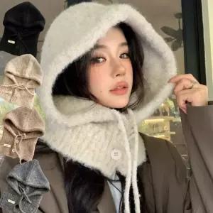 울 니트 단추 바라클라바 후드 모자 넥워머 귀도리 모자 4컬러