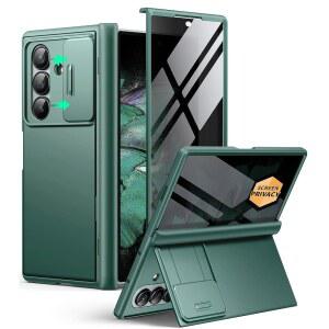 프라이버시 화면 보호 기능이 있는 Z 폴드 7 케이스, [안티 스파이] 숨겨진 킥스탠드 및 슬라이드 카메라 커버와 힌지 보호, 삼성 갤럭시 Z 폴드 7, 그린용 전신 충격 방지 슬림 하드 폰 케이스