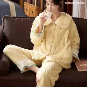 이너퀸 프리수 여성용 빅사이즈 빅카라 골지 진주 투톤 오픈형 카라 셔츠형 겨울 수면 극세사 밍크 버튼 잠옷 상하의 세트 물결진주세트