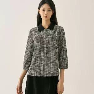 [지센] 트위드 니트 카라 티셔츠 LFTSN806_BK