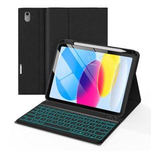 10.9인치(2022) 및 아이패드 11세대(A16, 2025)용 폴리오 키보드 케이스, 마그네틱 무선 탈착식 키보드, 7색 백라이트, 얇고 가벼움, 펜슬 홀더(블랙)