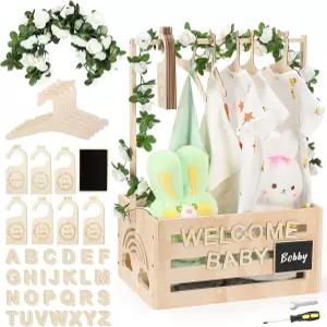 행거 편지 칸막이가 있는 Jupwalz 나무 베이비 샤워 상자 옷장 - 신생아 여아를 위한 간편한 조립 바구니