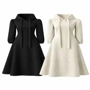 2컬러 체형보정 겨울 벌룬 A라인 플레어 굵은 후드 끈 플레어 도톰 기모 롱원피스