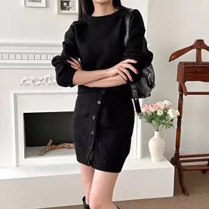 여성 미니 니트스커트 심플 니트티 투피스 세트 (KYR-WFG2SG0)