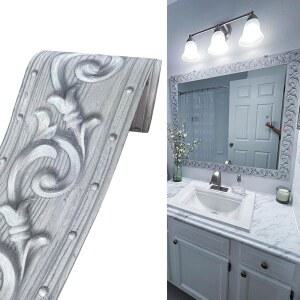 이자 PVC 자가 접착 실버 3D 꽃 방수 벽 테두리 장식 탈착식 주방 욕실 타일 스티커 4 x 196.8 인치