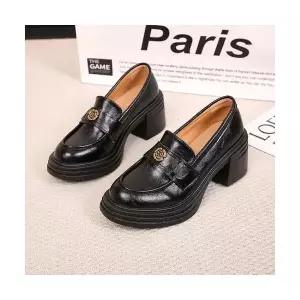 룽나루 여성 플랫 소프트가죽 통굽 단화 봄블랙 키높이 로퍼 한발 작은 구두 HO1