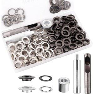 그로밋 도구 키트, 1/2인치 아일렛 세트, 100세트, 가죽 펀치 3개가 포함된 패브릭, 캔버스, 신발, 방수포, 의류(블랙 및 실버)용 스테인리스 스틸