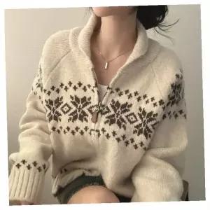 여성 집업 니트 카디건 눈꽃 노르딕 패턴 겨울 따뜻한 두꺼운 아이보리 가을 데일리