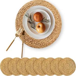 MRS Woods Events 라운드 우븐 플레이스 매트 세트 8 13.5인치 라탄 보호 워터 히아신스 농가 위커 식탁용