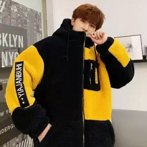 [하프클럽/]레터링 배색 후리스 아우터 커플 겨울 자수패치