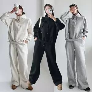 여성 기모 면 무지 터틀넥 맨투맨 와이드팬츠 트레이닝 세트 꾸안꾸 츄리닝 셋업 -WPST0458- 겨울