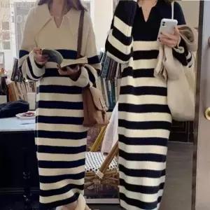 여성 도톰 미디 데이트룩원피스 등원룩코디 니트 골지 스트라이프 니트원피스