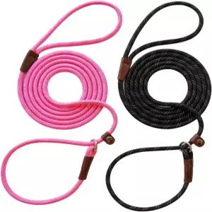 WYUZE 2팩 8피트 슬립 리드 개 목줄 반사형 노 풀독 훈련 소형견용 1/3인치 나일론 로프 컨트롤 블랙+핑크