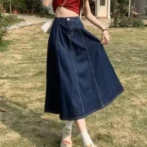 고품질 뒷밴딩 여자 스커트 여성 청치마 데님 A라인 롱 플레어 (WFKBAJG)