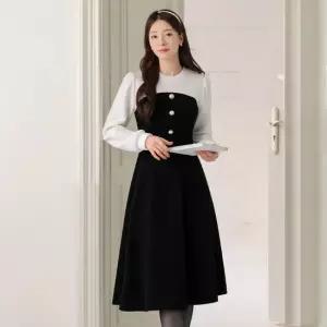 [시크라인] 우넬 배색 플레어 니트 원피스