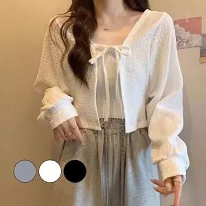 여성 여리핏 레이어드 크롭 스트링 시스루 러블리포인트 꾸안꾸 여름 감성룩 볼레로 (KYR-WFJ70CT)