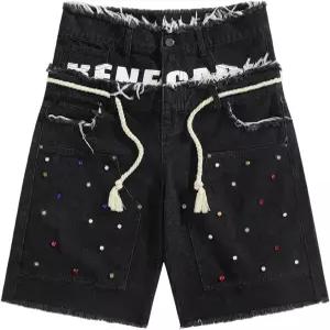 WDIRA 남성 라인스톤 로우 트림 버뮤다 데님 반바지 편지 그래픽 2 in 1 진 힙합 스트리트웨어