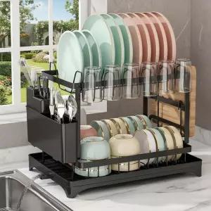 주방 카운터용 Euridar 2단 식기 건조대 배수판이 있는 스테인리스 선반 칼 컵 및 도마용 탈착식 바구니가