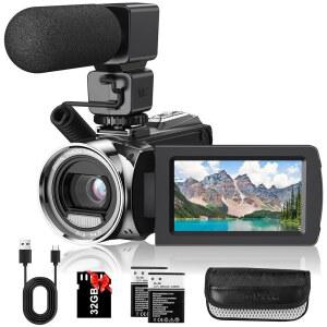 [미국배송] RAWIEMY 비디오 카메라 캠코더 FHD 1080P 36MP YOUTUBE 브이로그 레코더 3.0인치 270도 회전 화면 18배 디지털 줌 캠코더(마이크 32GB SD 카드 및 배터리 2개 포함)