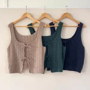 여성 케이블 리본 레이어드 오픈 그린 울 니트 조끼