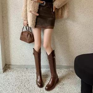 여성 러블리 신발 롱부츠 롱다리 기내용 키높이 통가죽 라이더부츠 겨울 중굽 라운드 V라인 다올4