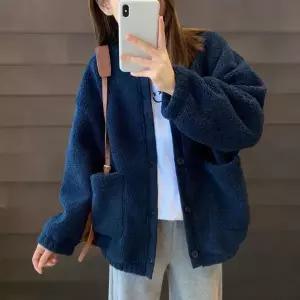 [하프클럽/]여성 오버사이즈 라운드넥 뽀글이 폴리 가디건