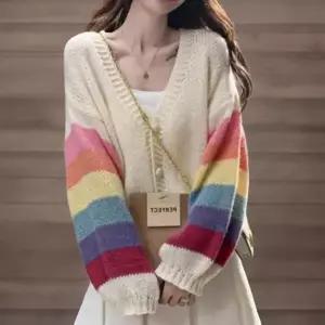 [하프클럽/]여성용 데일리 여리핏 무지개 감성 니트 가디건