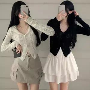 [하프클럽/]여성 세미크롭 브이넥 니트 가디건 여리핏