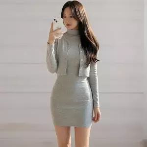 [하프클럽/]여성 데일리 스타일 여리핏 미니 드레스 가디건 세트