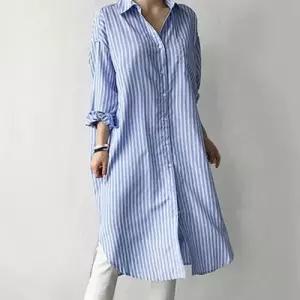 스트라이프 롱셔츠 원피스 베이직 밑단 절개 카라넥 WEE92AD