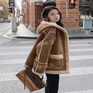 후드뽀글이 스웨이드자켓 여성숏코트 양털무스탕 오버핏 가을 재킷 루즈핏