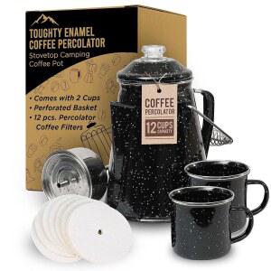 터프티 에나멜 커피 퍼콜레이터 - 캠핑, 오픈 파이어, 그릴 또는 스토브용 스토브탑 메이커 빈티지 포트 내구성이 뛰어난 구식 금속 퍼콜레이터(2컵 및 12개의 필터 포함) 블랙 | 클래식 디자인, 2컵 포함, 스토브,
