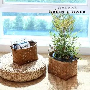 워너비그린플라워 가죽 손잡이 격자 나무 바구니 WL0040