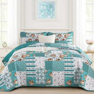 애니베딩 패치워크 퀼트 워터 농가 사계절 커버 부드러운 사이즈 극세사 사용할 커버 꽃무늬 내내 러스틱 청록색 침구 베개 2개 스프레드 있는 그린 침대