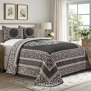 우수한 코튼 블렌드 침대 스프레드 세트, 오버사이즈 및 어울리는 베개 샴 2개 포함, 가벼운 담요, 침구 장식, 자카드 빈티지 플로럴 만다라, 라이론 컬렉션 - 전체,