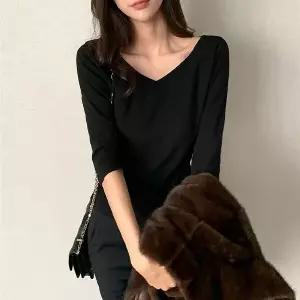 [미나그램] 코즌 스판 딥브이넥 기모7부티셔츠