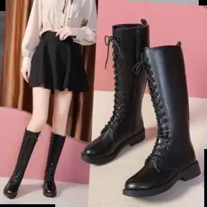 털신발 부츠 여성 롱 가죽 신발 통굽 레이스업 워커