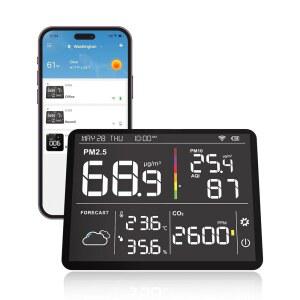 템탑 공기질 모니터 실내 PM2.5 스마트 가정용 CO2 8-in-1 검출기, 기상 관측소(PM2.5 센서) 날씨 PM10 온도 예보