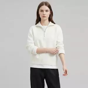 여성 반오픈 집업 하이넥 베이직 니트 티셔츠 SIU-WKN-21015-아이보리