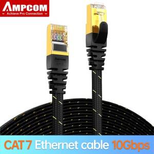 COM CAT7 이더넷 케이블 10G 600MHz 차폐 평면 RJ45 네트워크 패치 코드 50u 금도금 리드 폴리에스터 편조