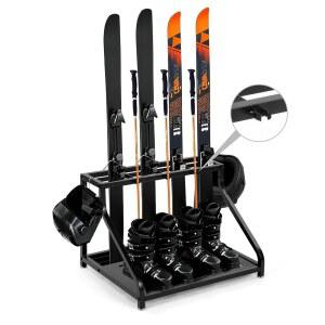 SILKPE 독립형 스노우보드 스키 보관 랙 - 기울어진 디자인, 넘어지지 않음, 4쌍, 부츠 2쌍, 헬멧 2개, 별도의 폴 고정 버클 3개, 차고, 창고, 지하실, 81.6kg(180파운드)