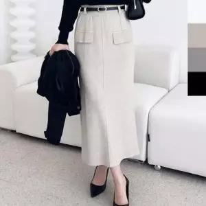 겨울롱스커트 여자 겨울 H라인 양모 롱스커트 1P 벨트포함 긴치마