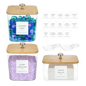 폴라이 3팩 세탁실 정리 수납 용기 아크릴 세탁 포드 및 세제 건조 시트 정리용 뚜껑과 라벨이 있는 홀더