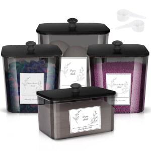 Zingbee 4팩 세탁 세제 용기 및 건조 시트 홀더(블랙 뚜껑, 스쿱 라벨 포함) - 플라스틱 정리함 포드, 세제, 향 부스터용 보관