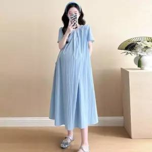 여성스러운 편안한 착용감 플리츠 반팔 롱 원피스 ZUK6+5eXz