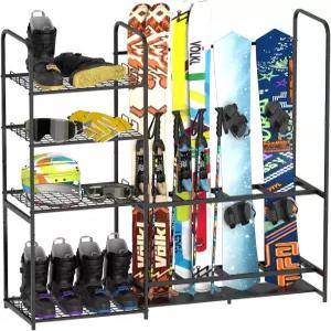차고용 프리스탠딩 스키 랙 - 4켤레 보관 조절 가능한 부츠 홀더 폴 고글 헬멧 및 기어 정리 차고 창고