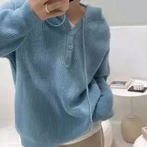 후드니트 긴팔 티 여성 봄 가을 루즈핏 블루 가을니트 간절기니트