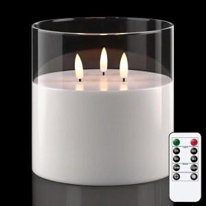 3개의 윅과 리모컨으로 깜빡이는 젠스윈 유리 불 없는 양초, 1개의 투명 LED 양초 배터리 작동, 할로윈 크리스마스 홈 데코용 대형 양초(D6 u201D x H6 u201D)