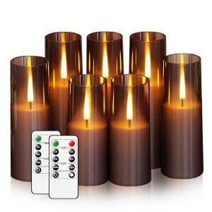 니미코 깜빡이는 불꽃 없는 양초 7Pc 업그레이드된 사실적인 춤추는 배터리 작동 양초, 리모컨과 타이머가 있는 LED 축제 장식용 아크릴 전기 기둥 양초(회색)
