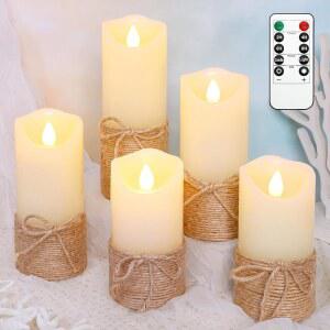 타이머와 함께 깜빡이는 크리스탈 클럽 불꽃 없는 양초, 대마 로프가 달린 배터리 기둥 양초 5개 세트, 여름 파티 홈 테이블 장식용 사실적인 왁스 조명